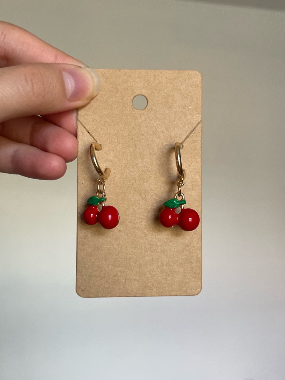 Gold Cherry Drop Earrings in Red and Green